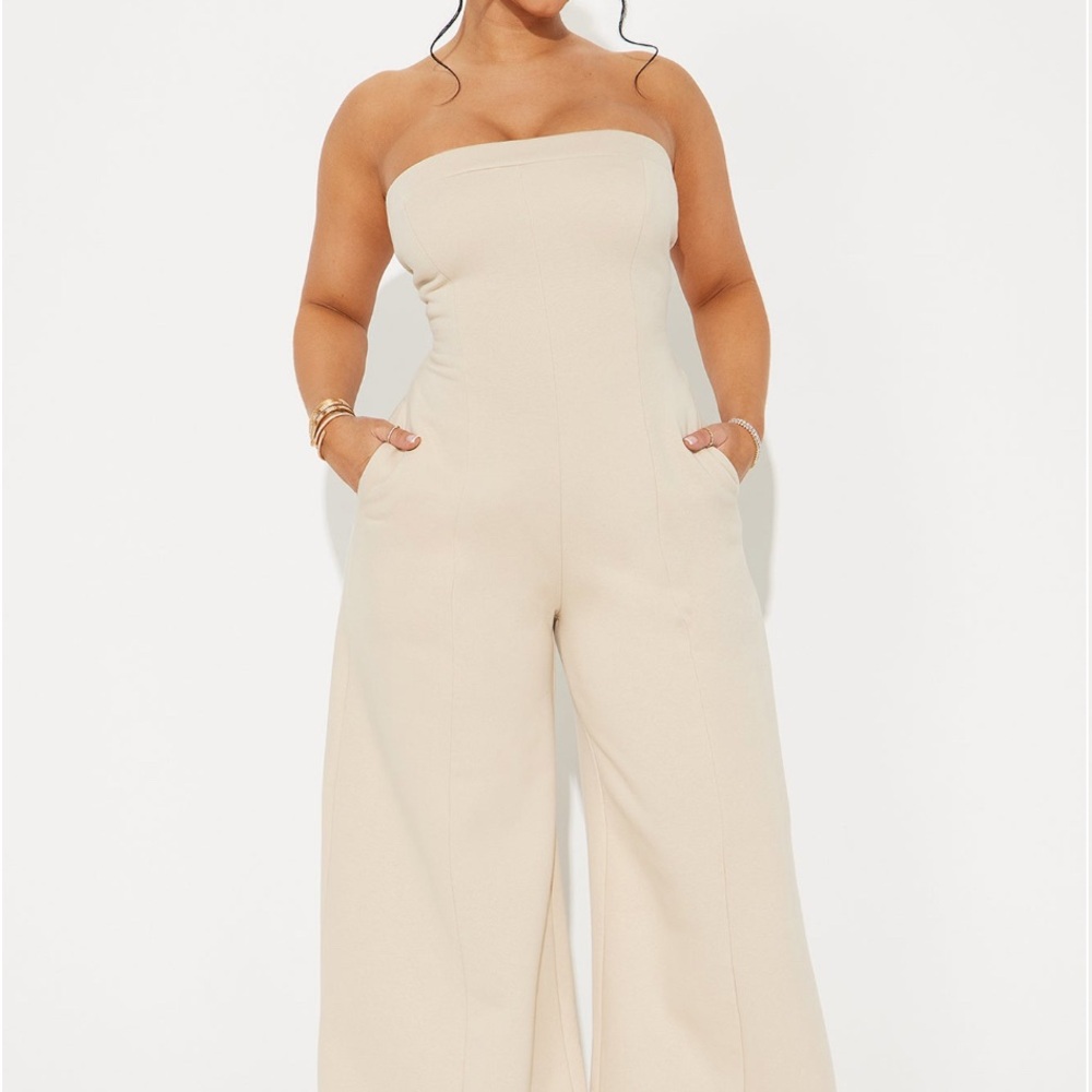 Fashion Nova Cream Strapless Jumpsuit Wide-Leg